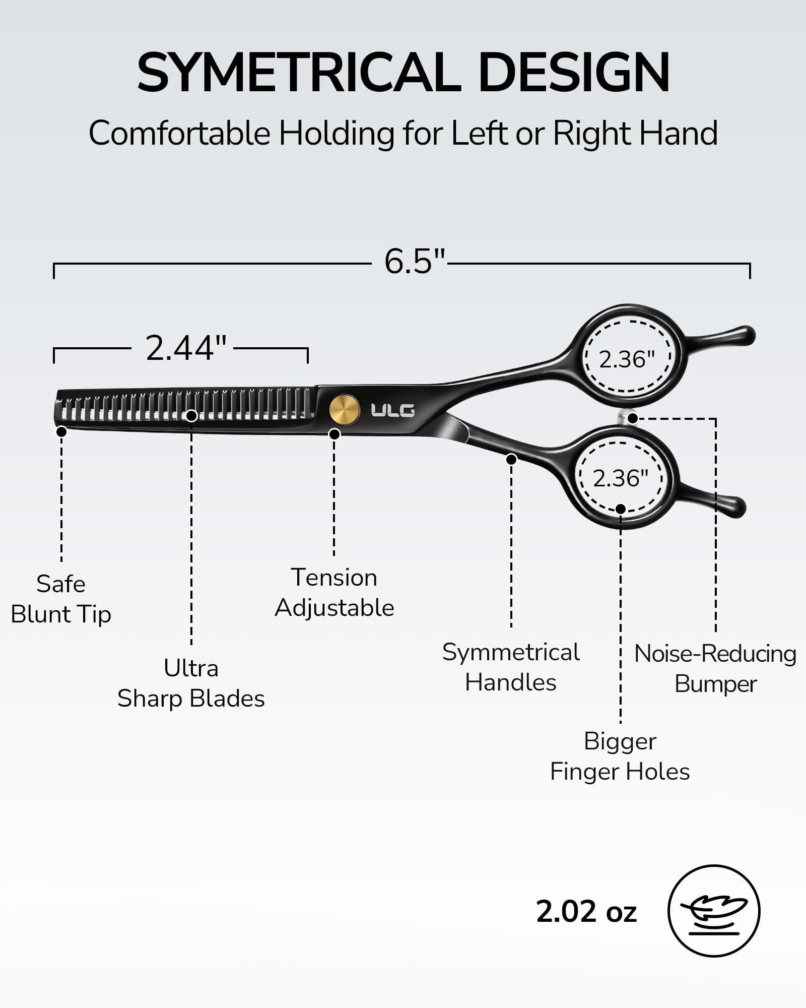 ULG hairdressing thinning shears displaying the yellow tension adjustment screw