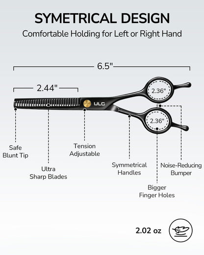 ULG hairdressing thinning shears displaying the yellow tension adjustment screw