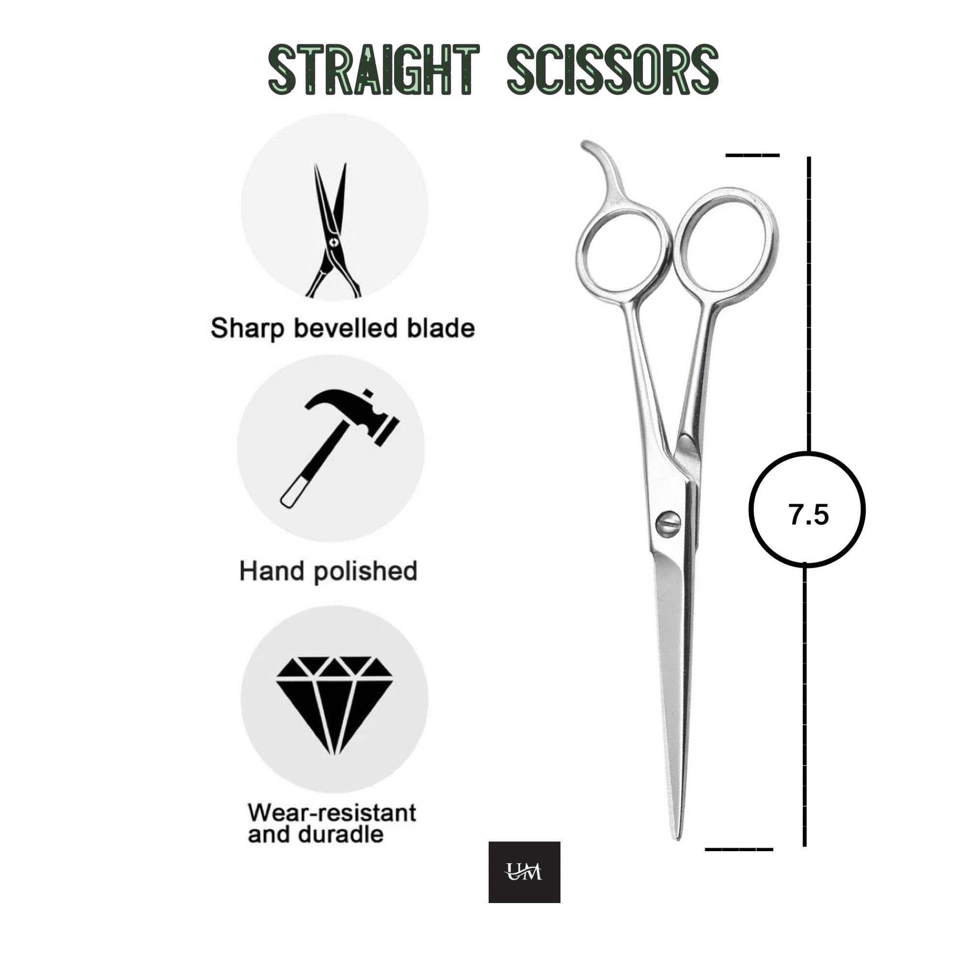 UM Supplies hair cutting scissors demonstrating the ergonomic ambidextrous handle layout.