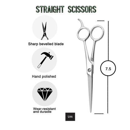 UM Supplies hair cutting scissors demonstrating the ergonomic ambidextrous handle layout.