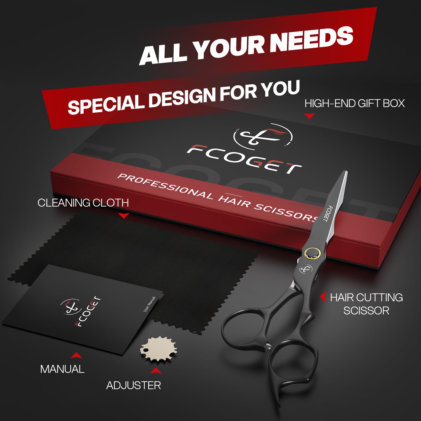 Ergonomic offset handle of Fcoget professional salon barber shears close up view