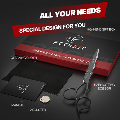 Ergonomic offset handle of Fcoget professional salon barber shears close up view