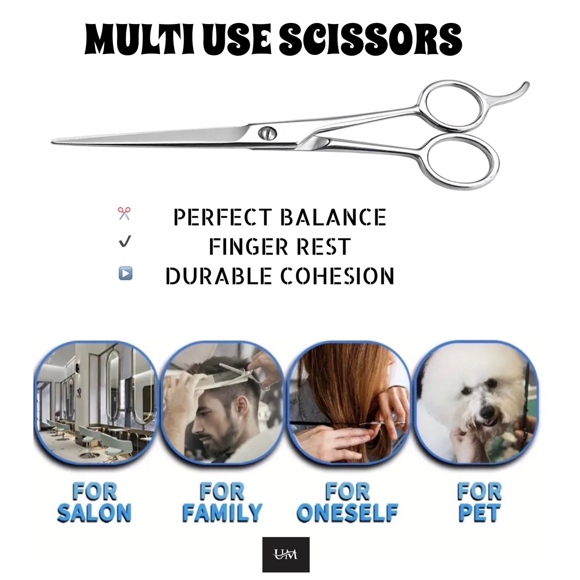 UM Supplies professional salon shears highlighting the single bevel razor edge blade.