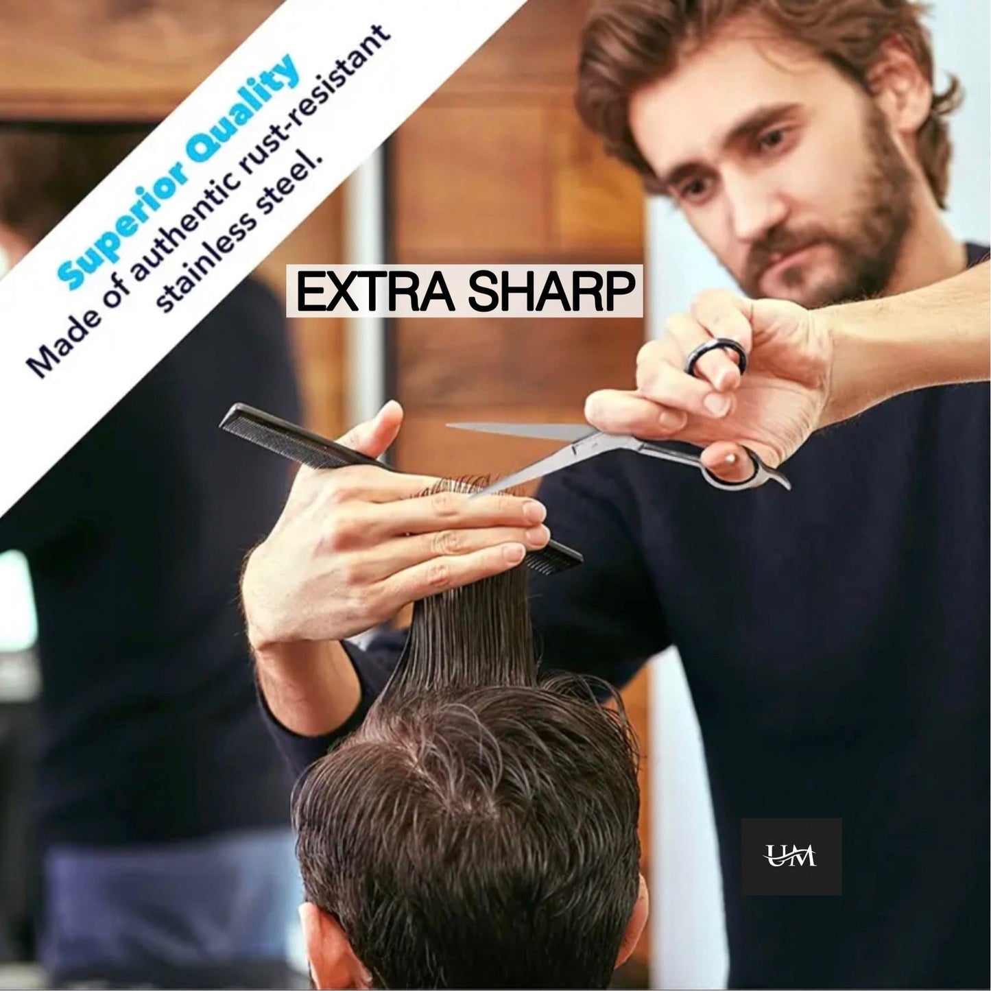 UM Supplies barber shears flat lay view indicating the precise pivot screw setup.