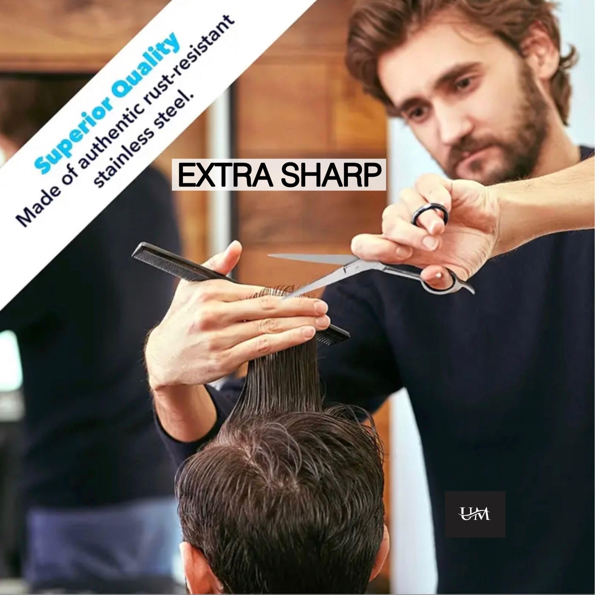 UM Supplies barber shears flat lay view indicating the precise pivot screw setup.