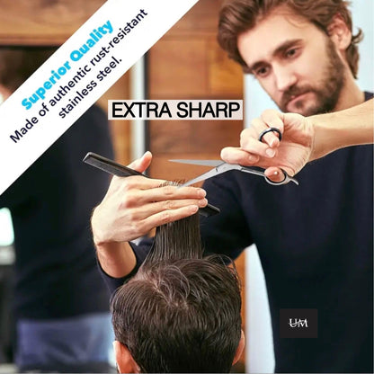 UM Supplies barber shears flat lay view indicating the precise pivot screw setup.