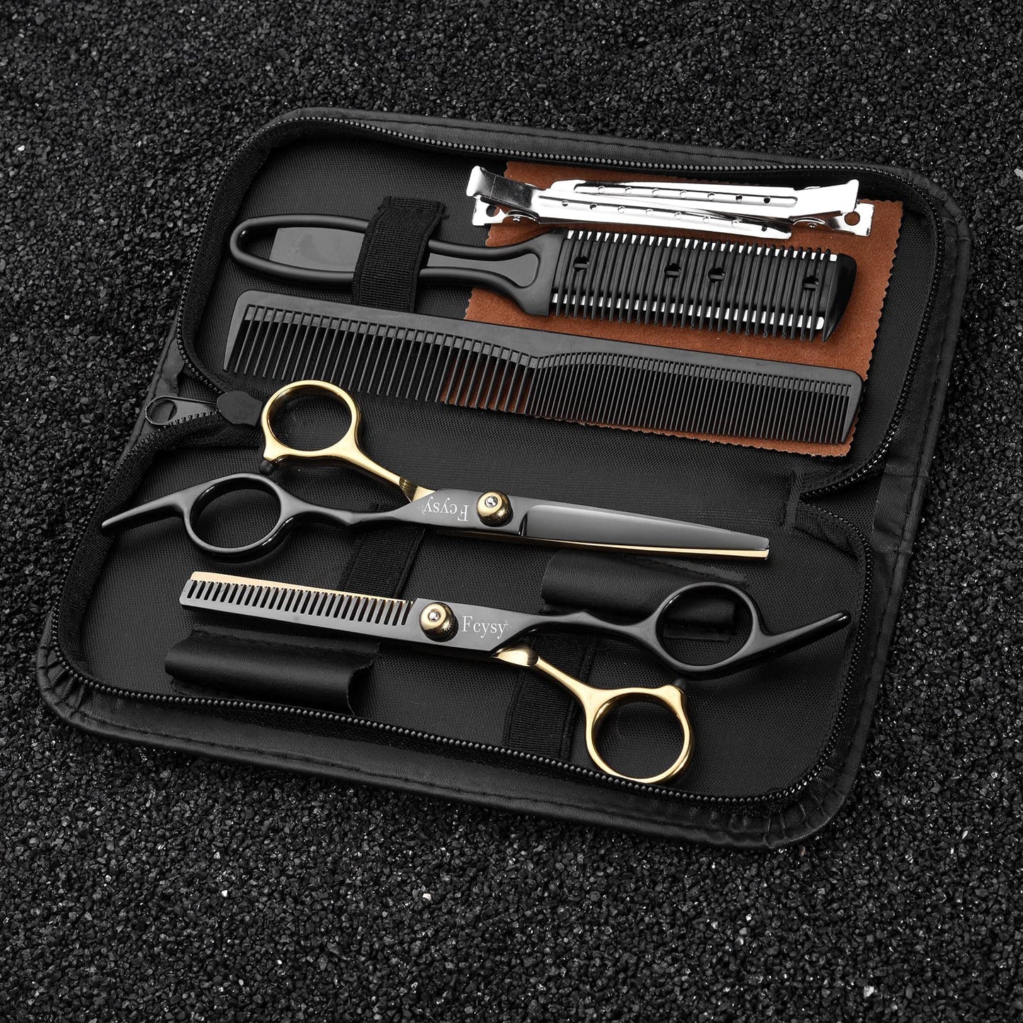 Complete eight piece Fcysy haircutting accessory set unboxed with combs and clips.