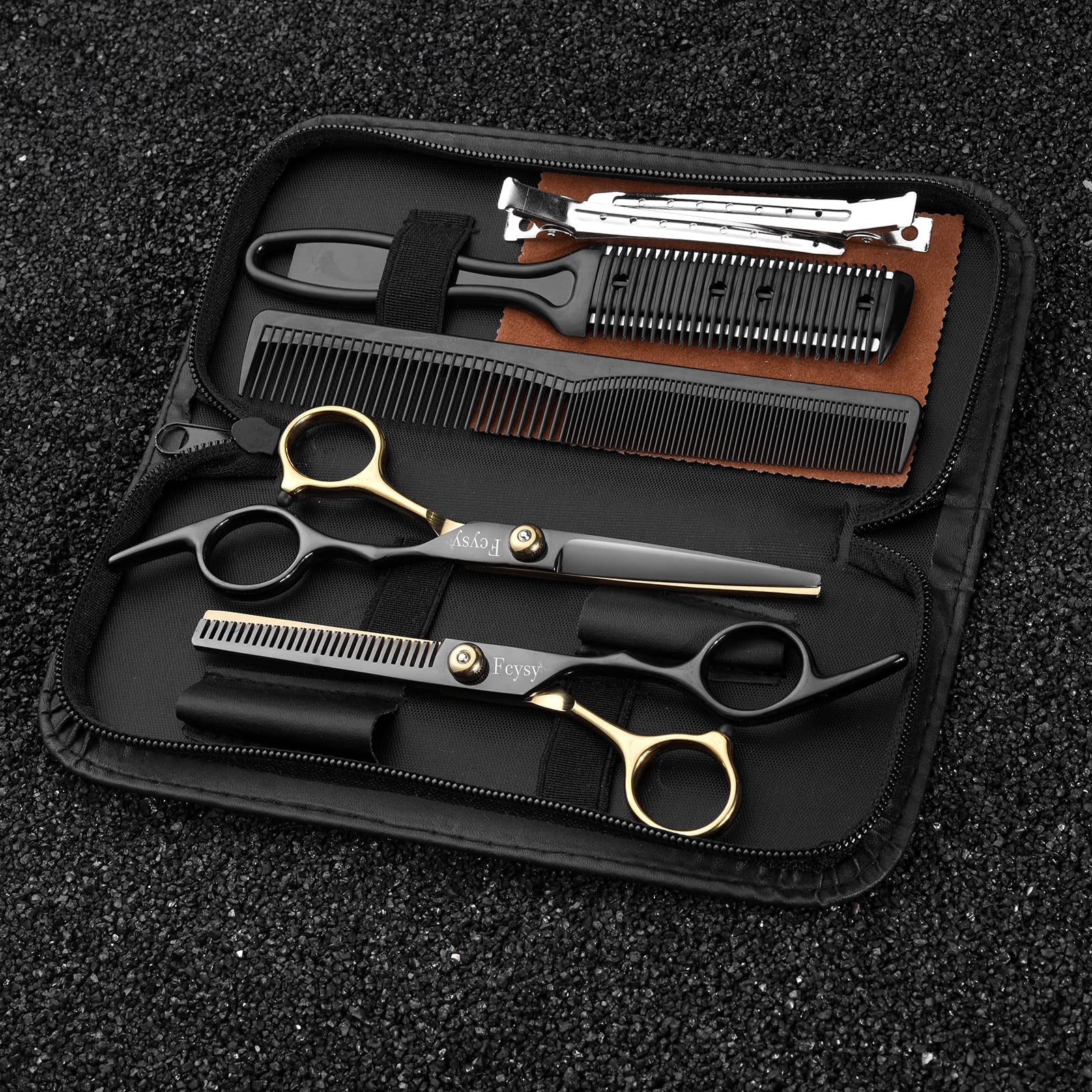 Complete eight piece Fcysy haircutting accessory set unboxed with combs and clips.