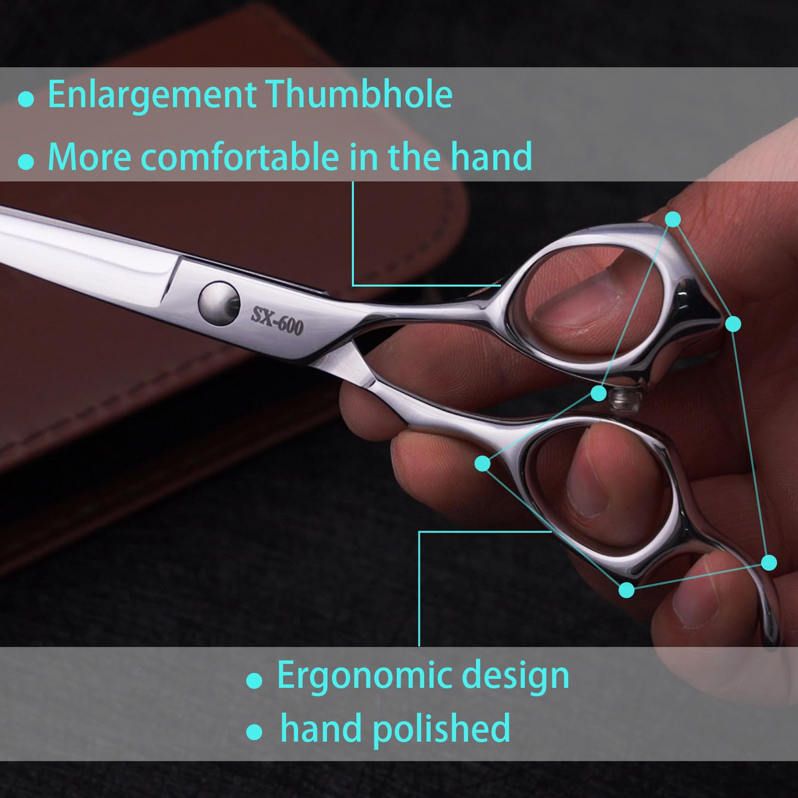 Ergonomic handle design on hairdresser scissors for comfortable salon grooming