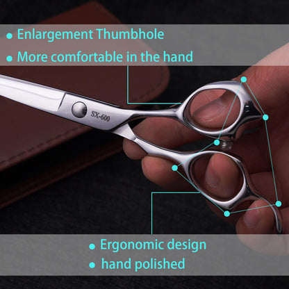 Ergonomic handle design on hairdresser scissors for comfortable salon grooming