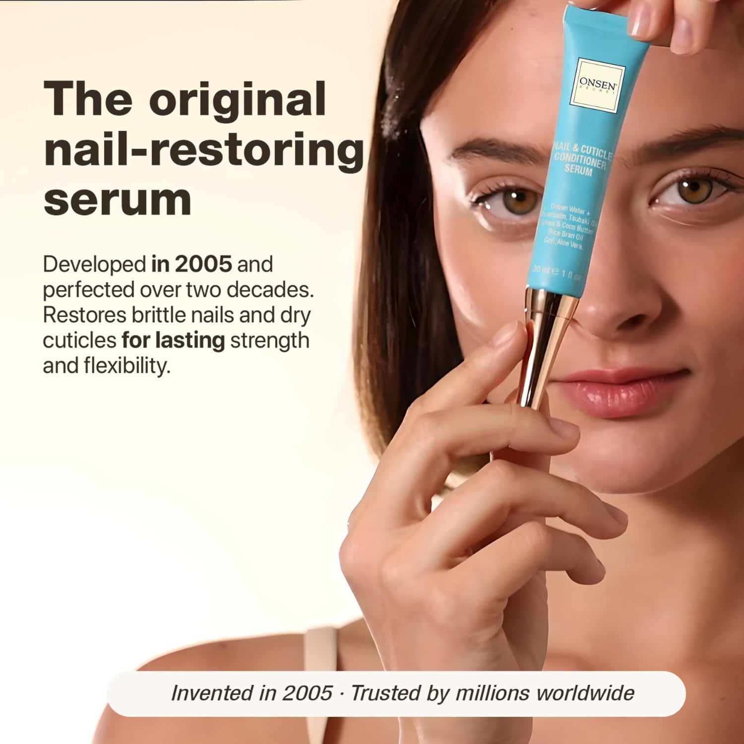 Close up of Onsen Secret nail treatment texture on fingers.