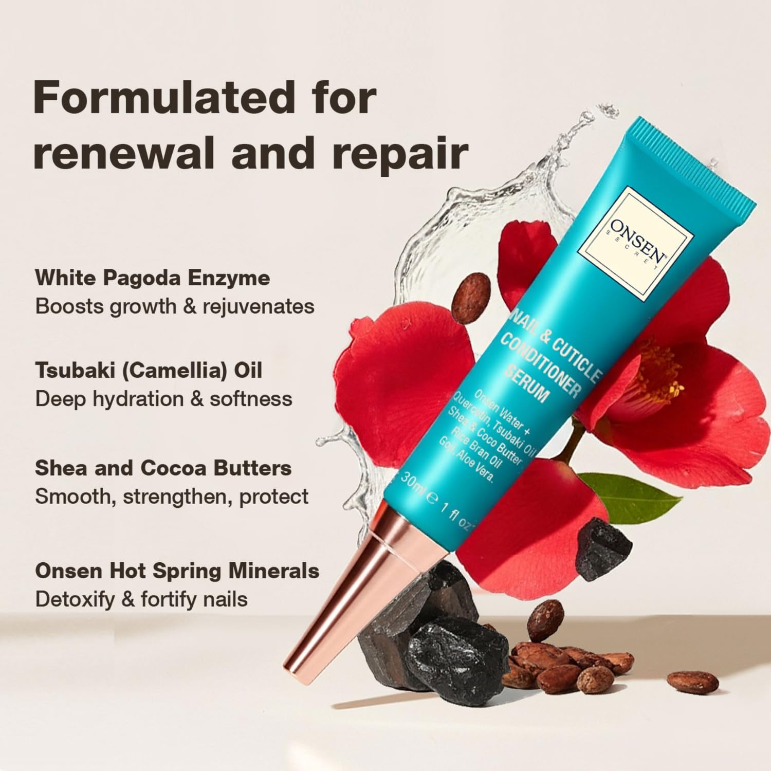 Onsen Secret daily repair care cream applied to healthy nails.