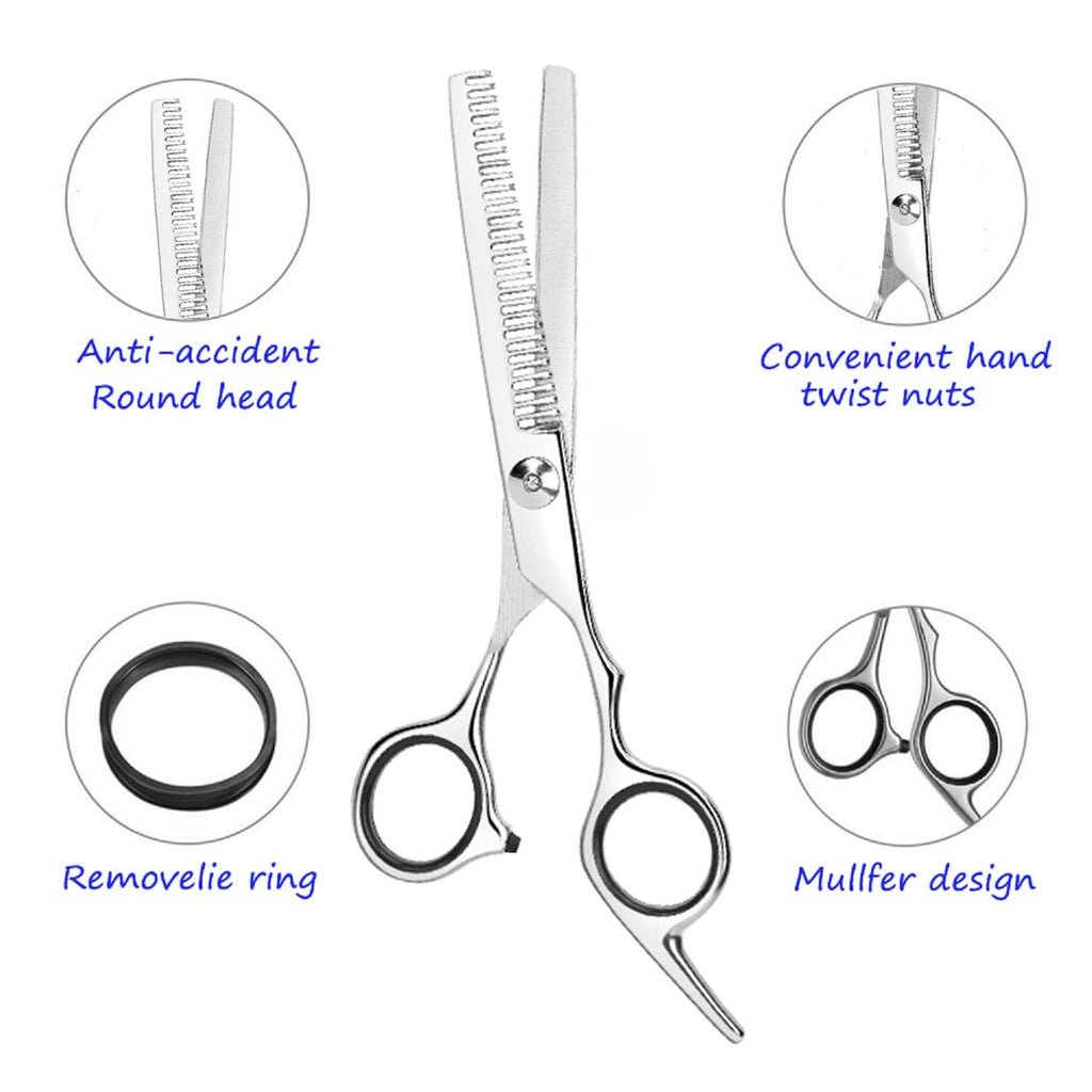 Essoy 4CR stainless steel hair scissors showing the close up of teeth blades and adjustment screw.