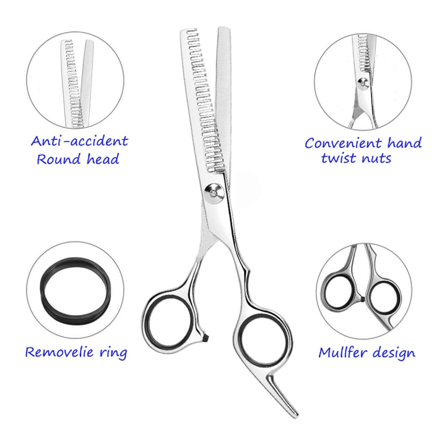 Essoy 4CR stainless steel hair scissors showing the close up of teeth blades and adjustment screw.