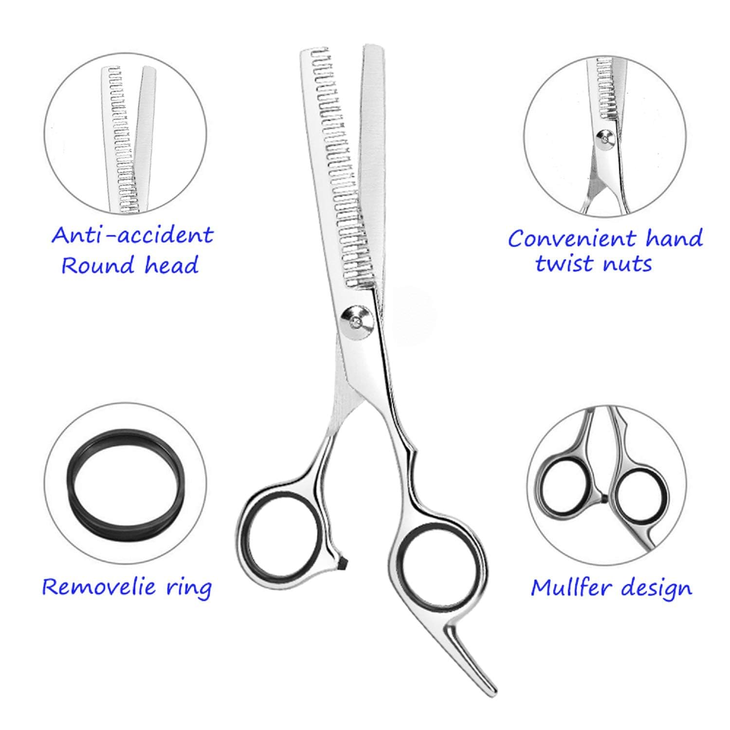 Essoy 4CR stainless steel hair scissors showing the close up of teeth blades and adjustment screw.