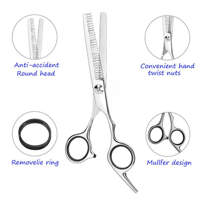 Essoy 4CR stainless steel hair scissors showing the close up of teeth blades and adjustment screw.