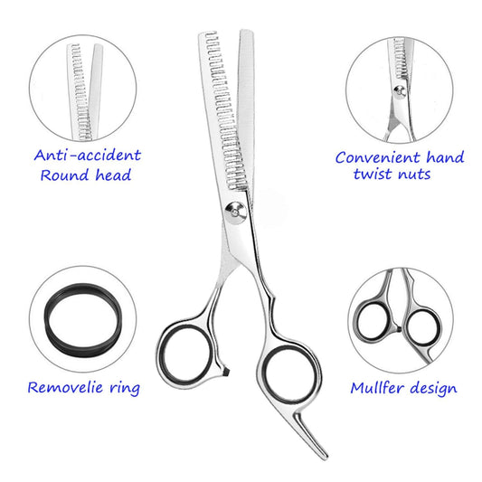 Essoy 4CR stainless steel hair scissors showing the close up of teeth blades and adjustment screw.