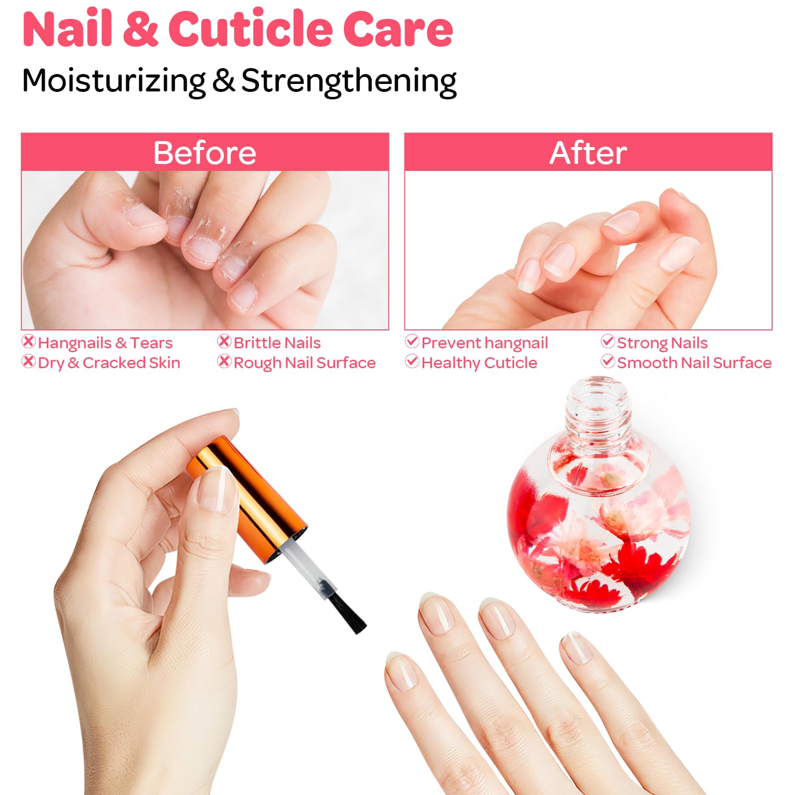 Applying Jiasheng strawberry flower infused cuticle oil to nails
