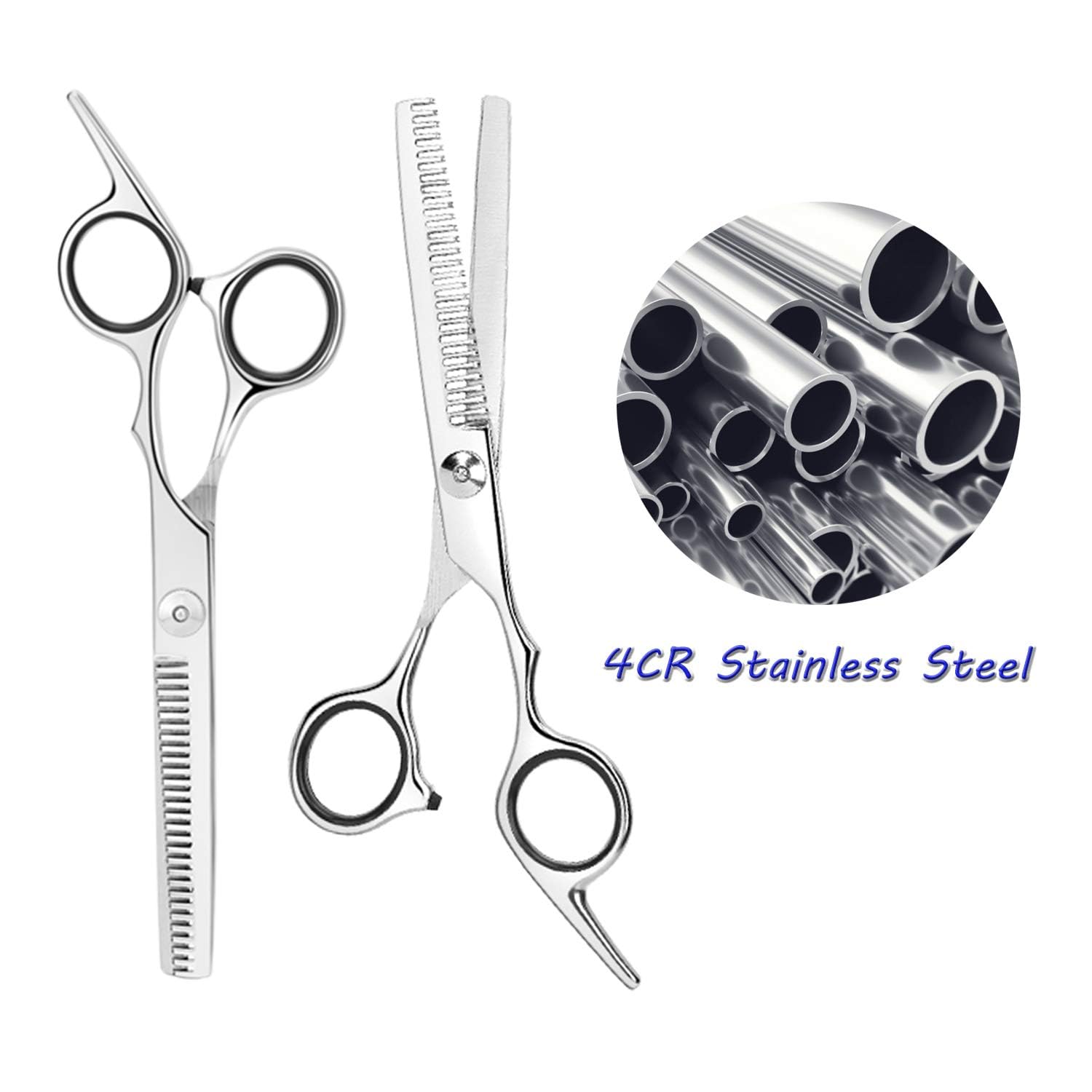 Essoy hair cutting scissors kit including the 6.5 inch thinning shear, comb, and cleaning cloth.