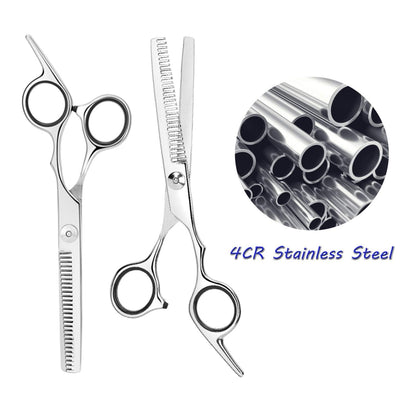 Essoy hair cutting scissors kit including the 6.5 inch thinning shear, comb, and cleaning cloth.
