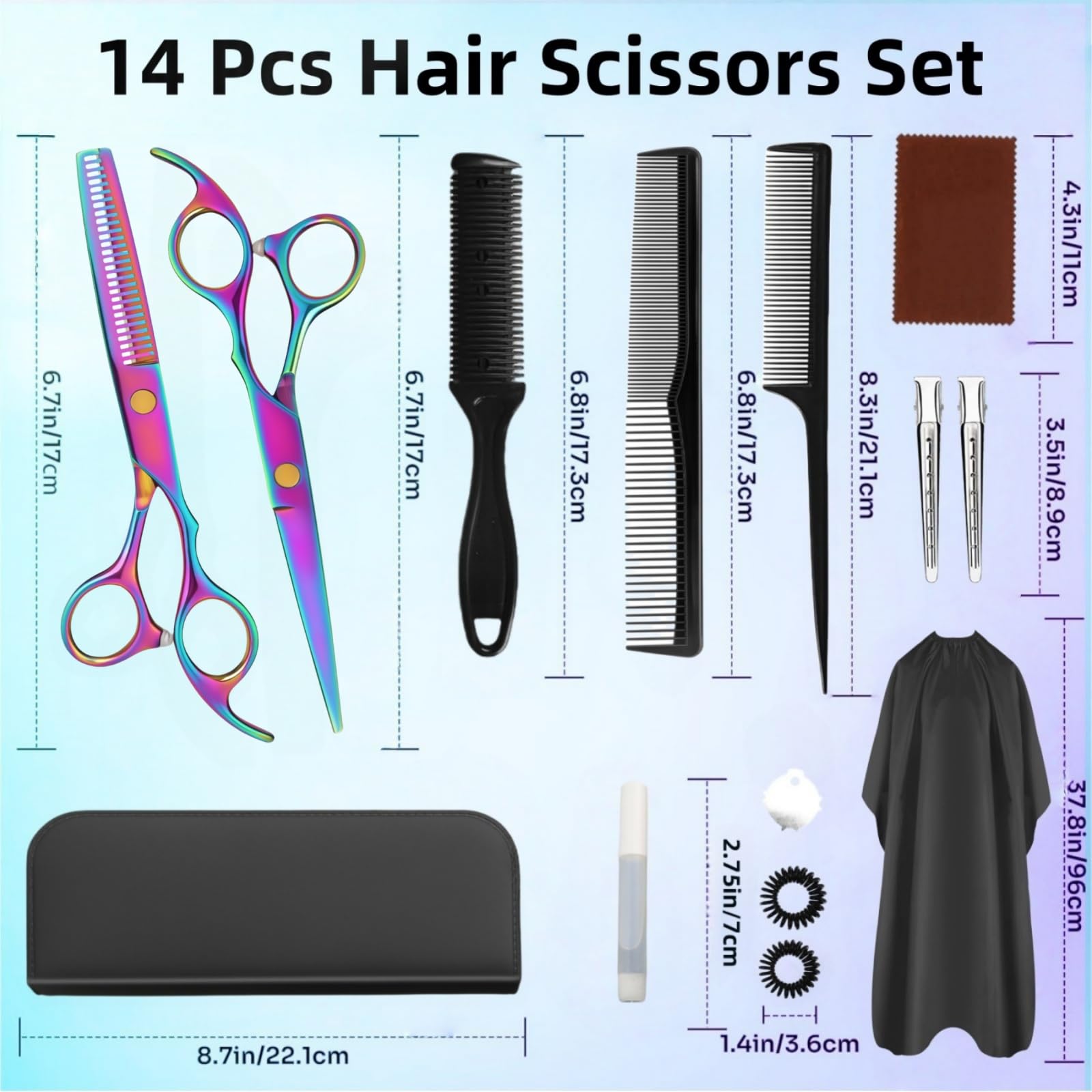Close up of Japanese stainless steel blades on rainbow hair shears