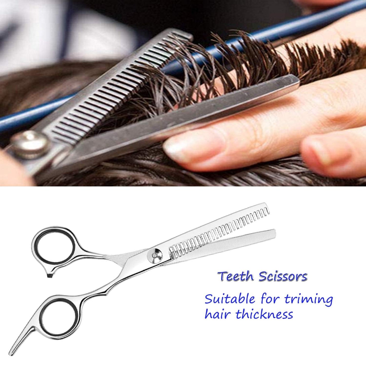 Essoy stainless steel texturizing teeth scissors showing the built in noise reducing muffler silencer.