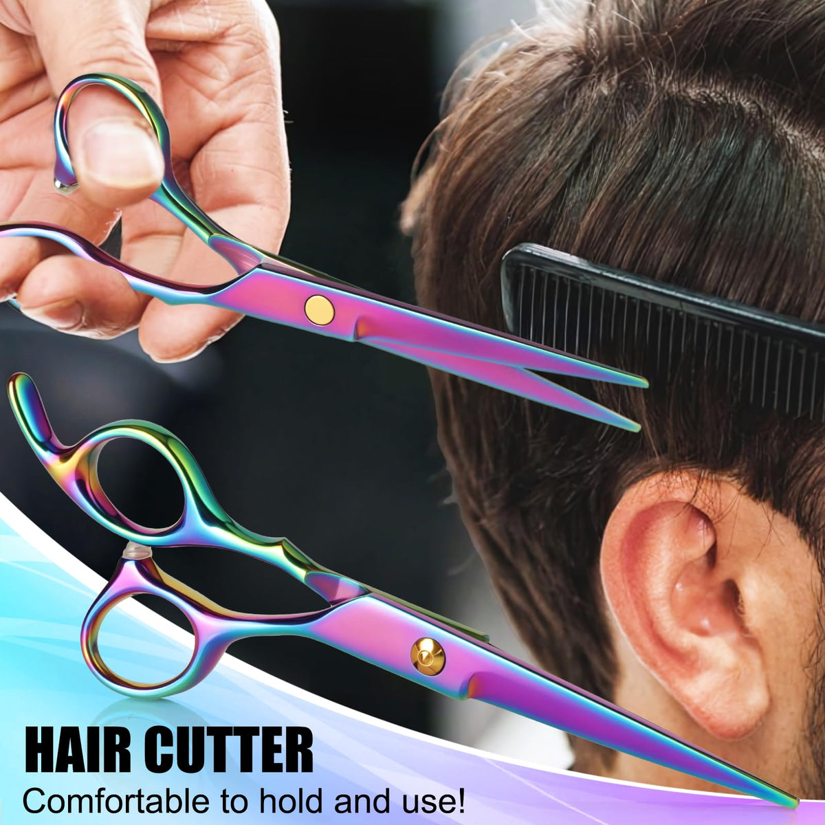 Premium rainbow barber scissors kit organized inside a leather case