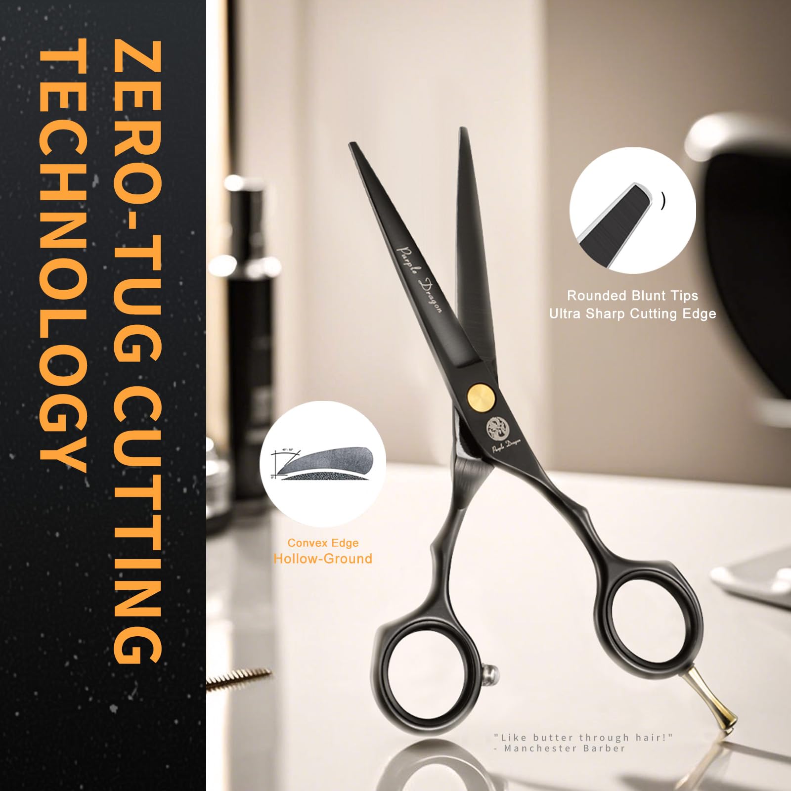 Purple Dragon professional styling shears set showcasing the adjustable tension screw and ergonomic finger rings
