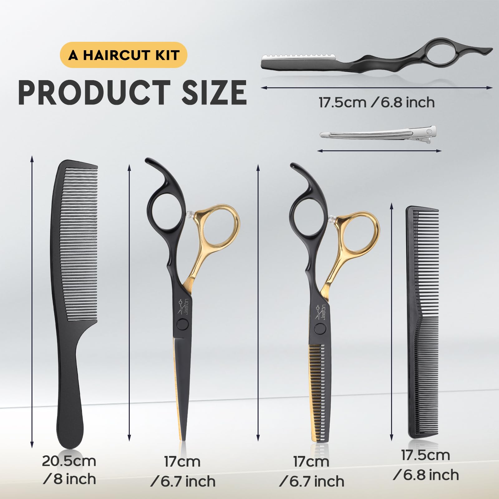 JASON 10 piece barber kit displaying straight shears and thinning scissors side by side