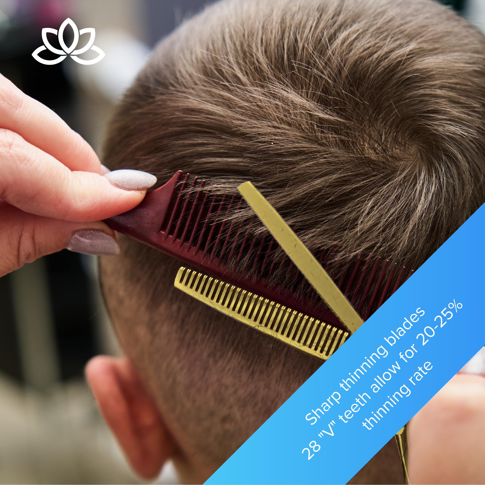 Equinox International salon hair texturizing scissors lying flat on a professional styling surface
