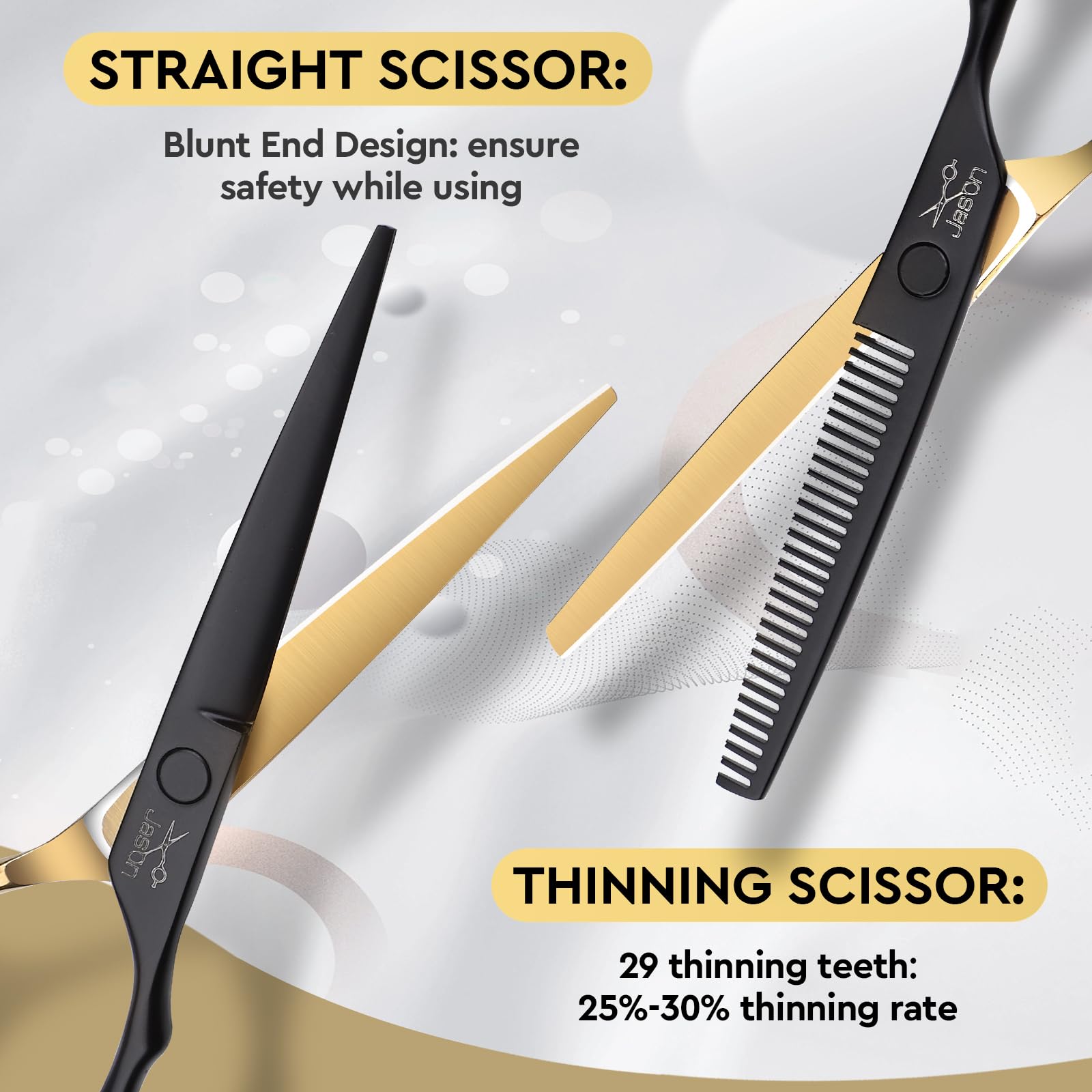 JASON salon grade hair scissors set highlighting ergonomic offset handle and tension screw