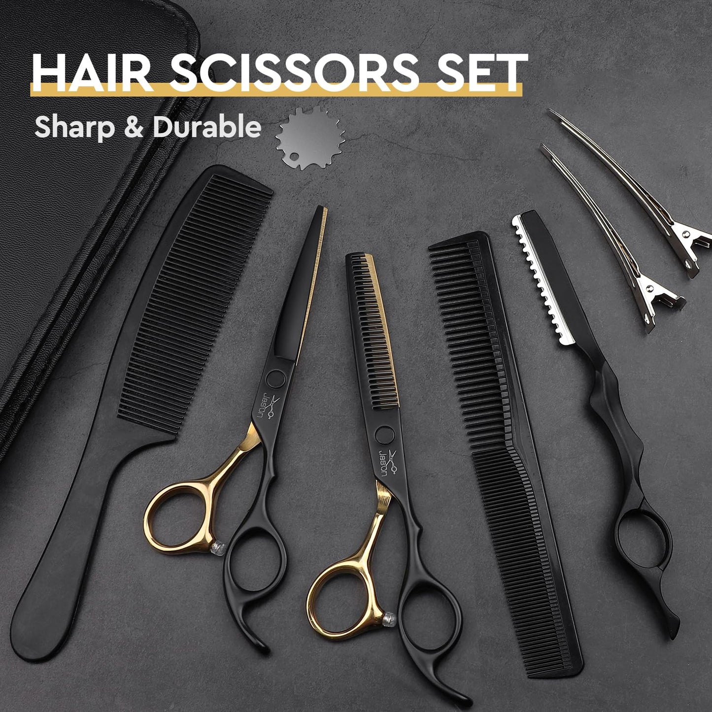 JASON premium hair cutting shears stored securely inside the black protective zipper case