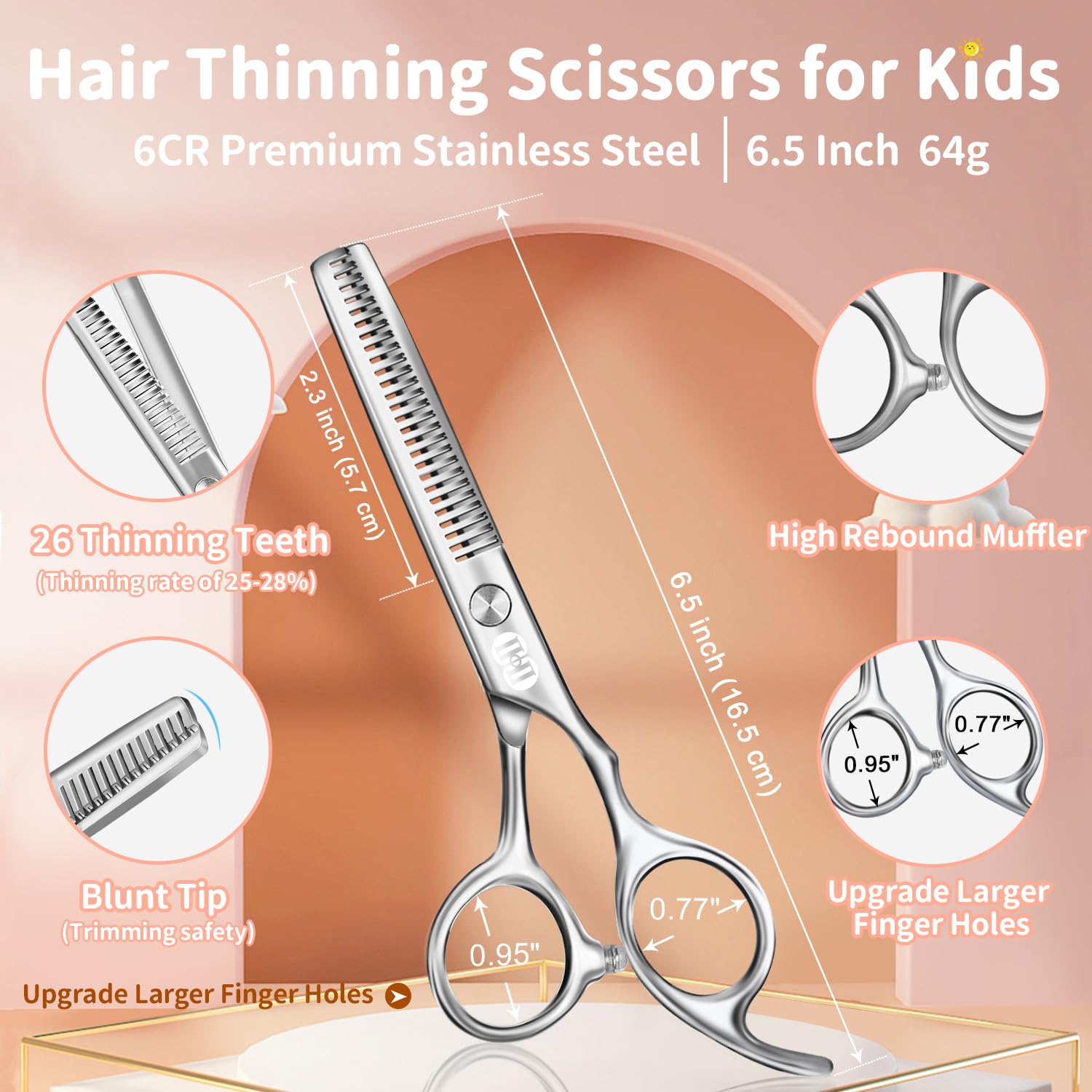 Close up view of CIICII kids hair scissors highlighting the safety rounded tips and sharp stainless steel blades