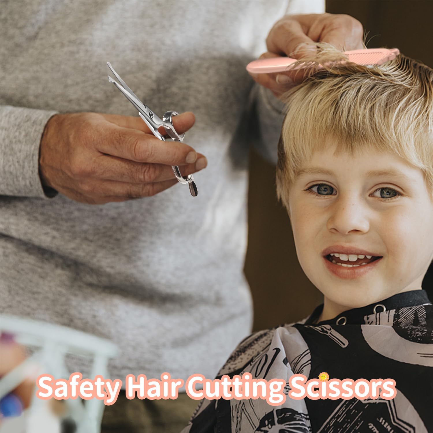 Ergonomic handle layout of CIICII children haircutting shears demonstrating large finger holes and high rebound muffler