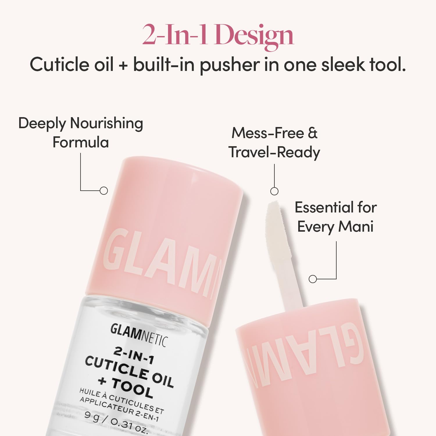 Close up of Glamnetic cuticle oil brush applicator and serum