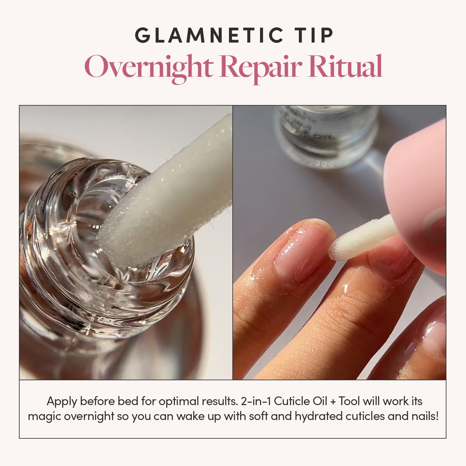 Hand demonstrating application of Glamnetic cuticle oil