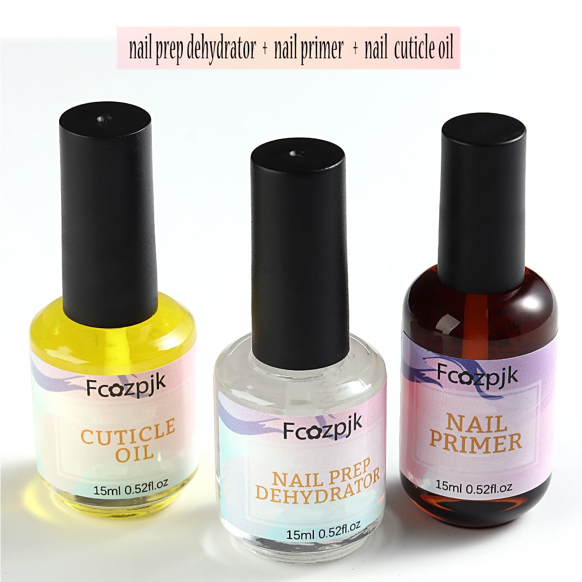 Close up of Honey Joy professional nail prep bottles
