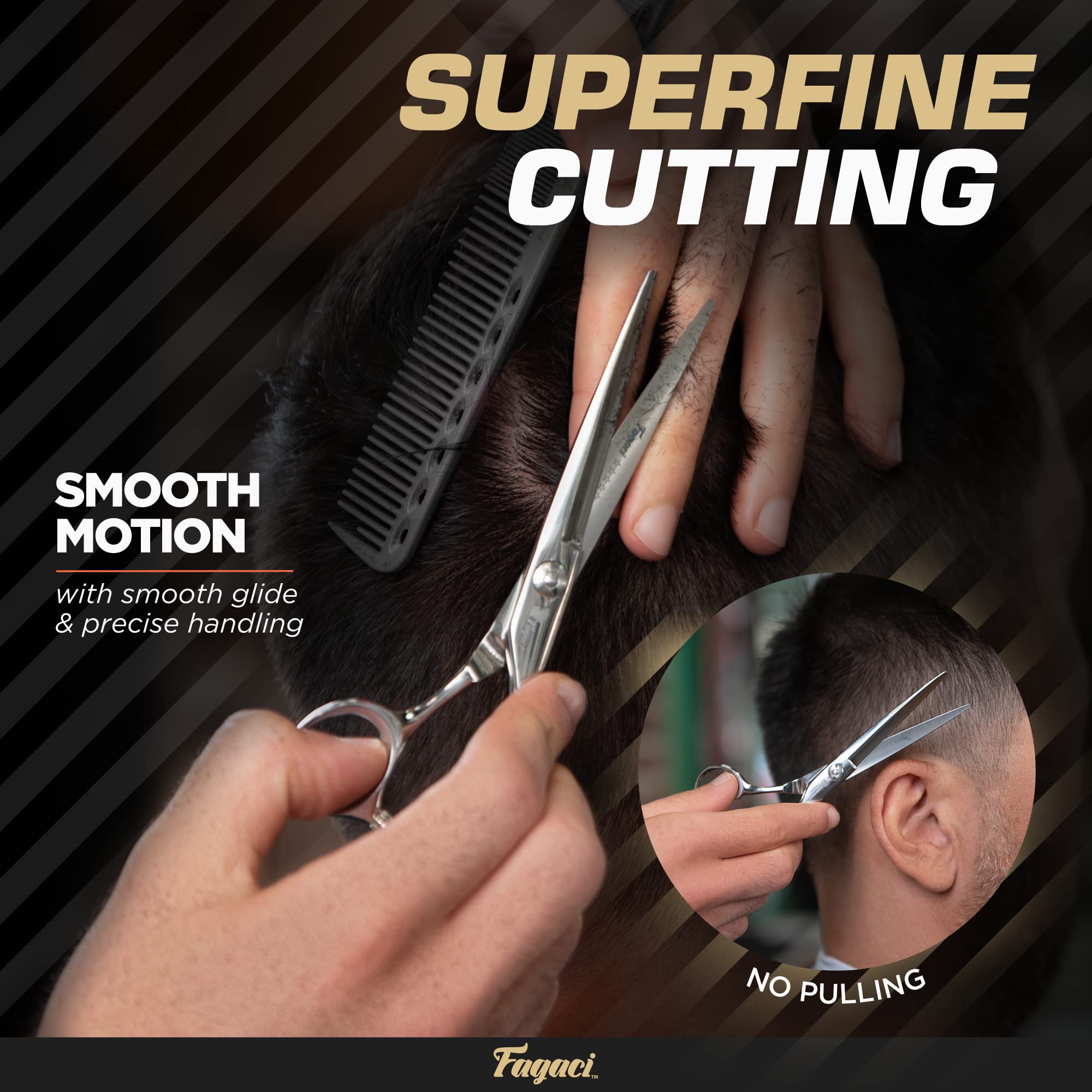 Fagaci barber scissors kit showcasing the ultra sharp 440C steel blades