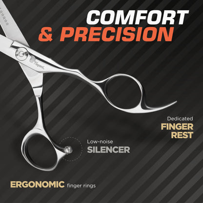 Fagaci salon scissors displayed next to the elegant protective leather sheath