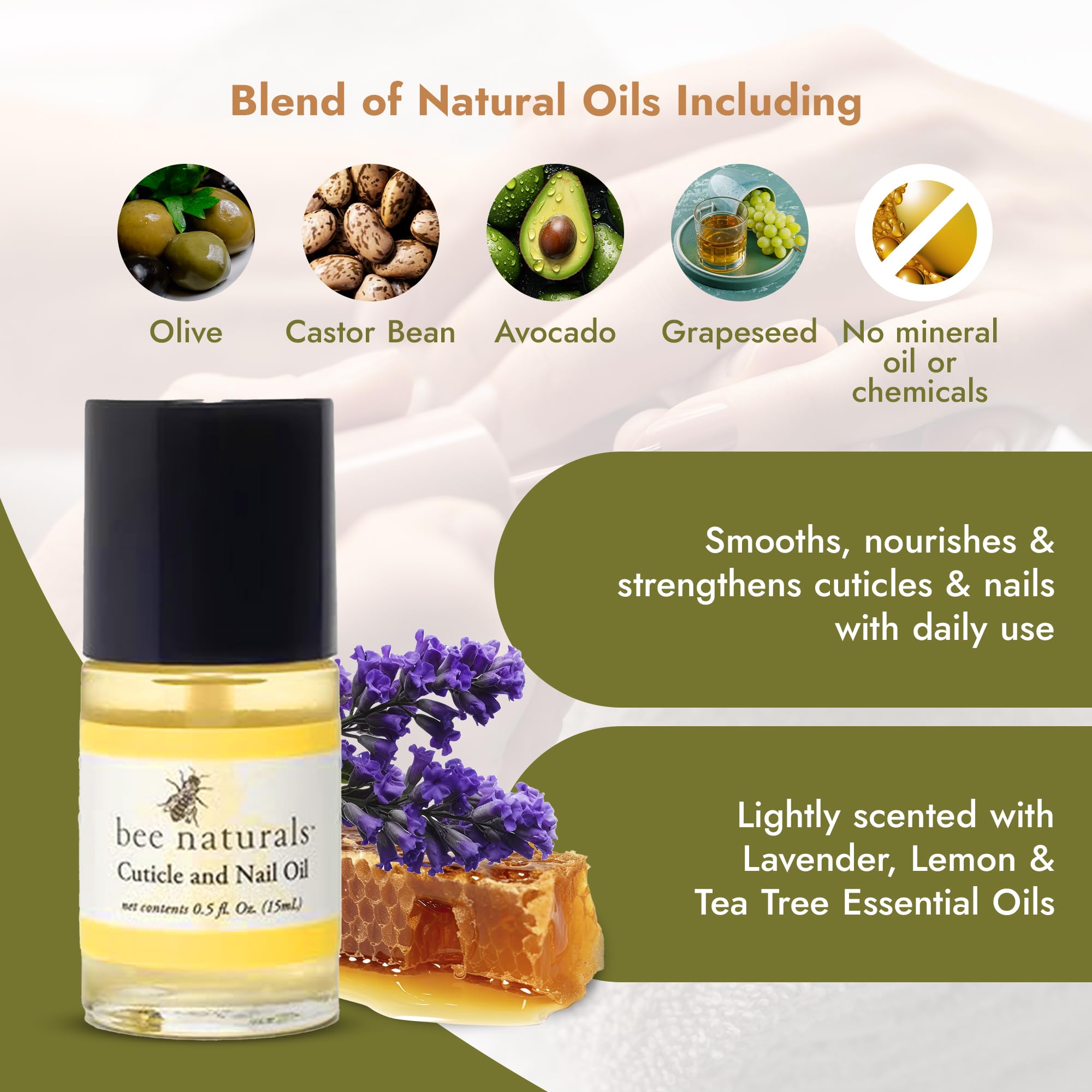 Bee Naturals nail care oil bottle showing ingredients label