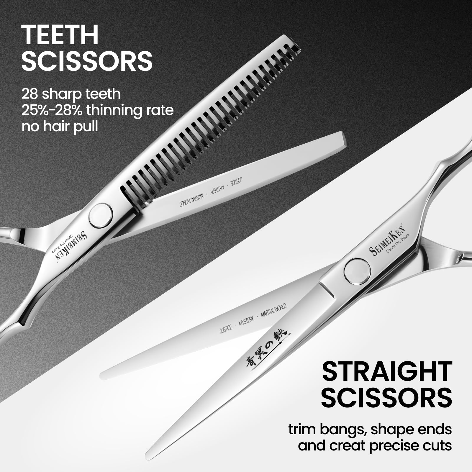 Close up view of the Japanese stainless steel blades on the SEIMEIKEN hairdressing shears showing the adjustable tension screw.