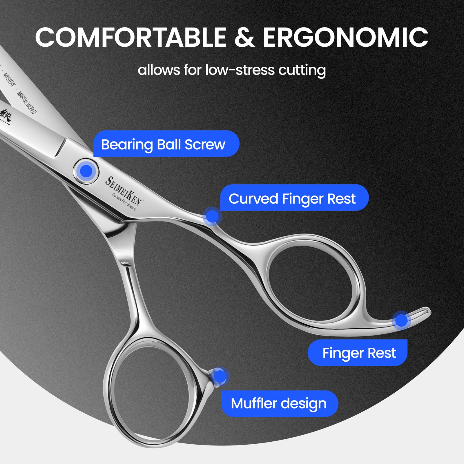 Ergonomic handle design and oversized finger rings of the SEIMEIKEN professional haircut scissors for comfortable salon use.