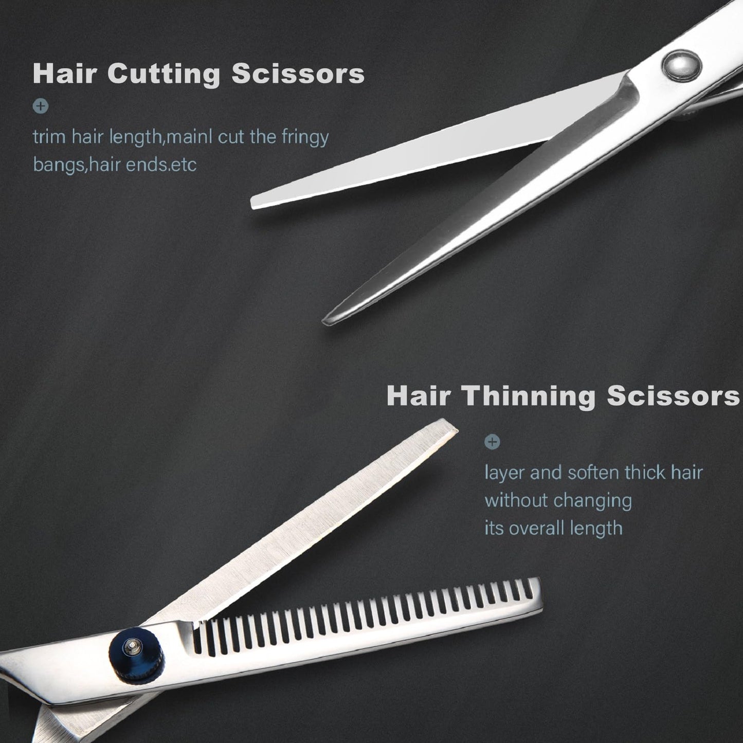 Close up view of the YELEGAI stainless steel cutting shears showing the ergonomic handle and blue rubber finger inserts