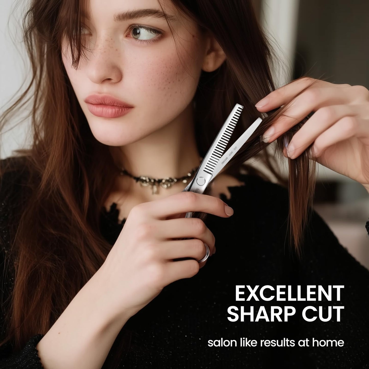 Side angle shot demonstrating the convex edge blade sharpness of the SEIMEIKEN six inch hair scissors.
