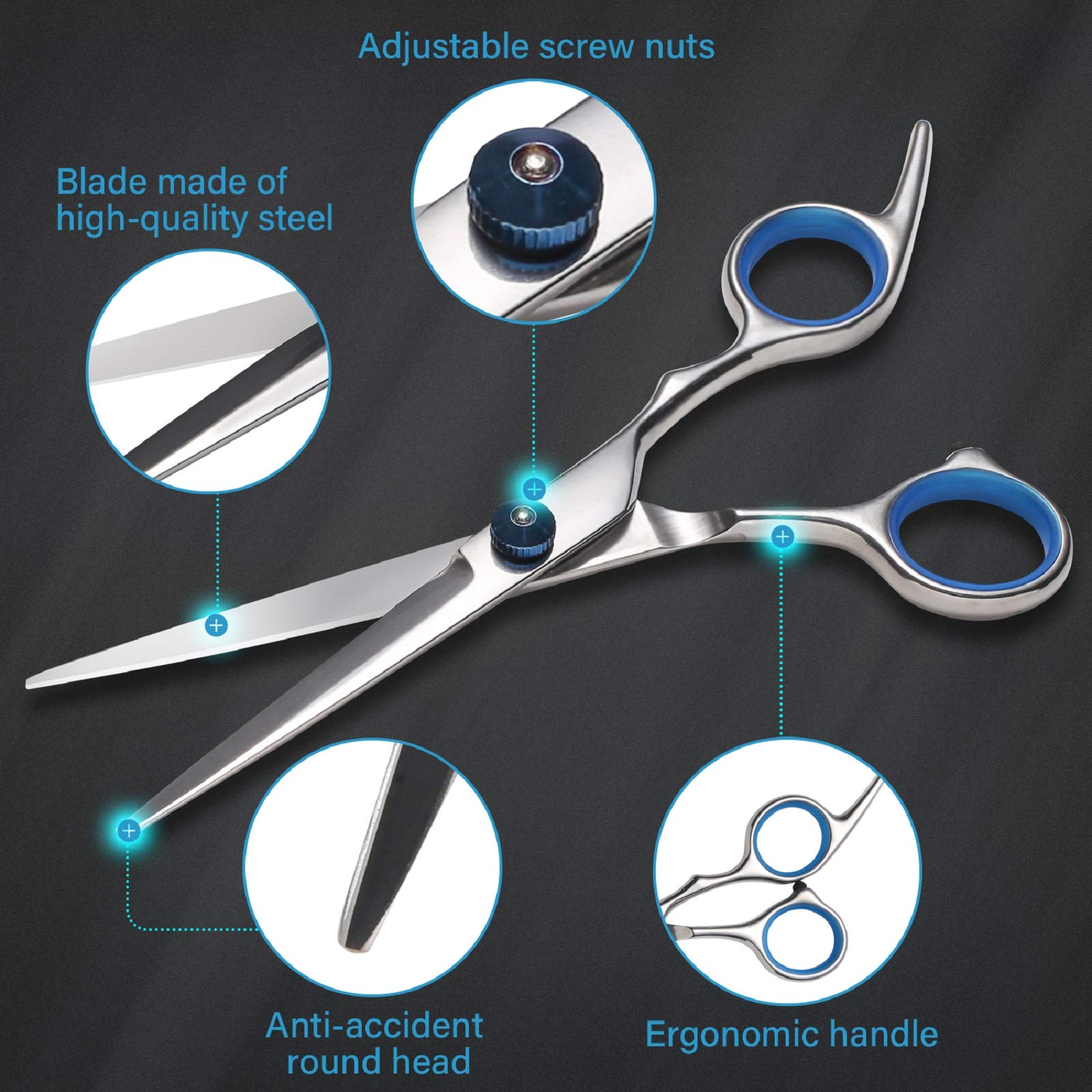 YELEGAI thinning scissors detailing the teeth pattern for blending hair layers and the integrated handle shock absorber