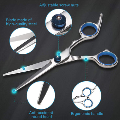 YELEGAI thinning scissors detailing the teeth pattern for blending hair layers and the integrated handle shock absorber
