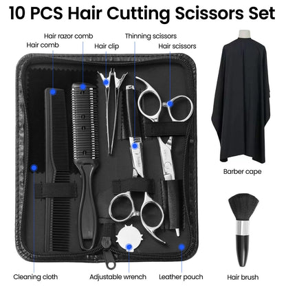 Full packaging view of the imported SEIMEIKEN ten piece professional hairdressing scissors set for home styling.