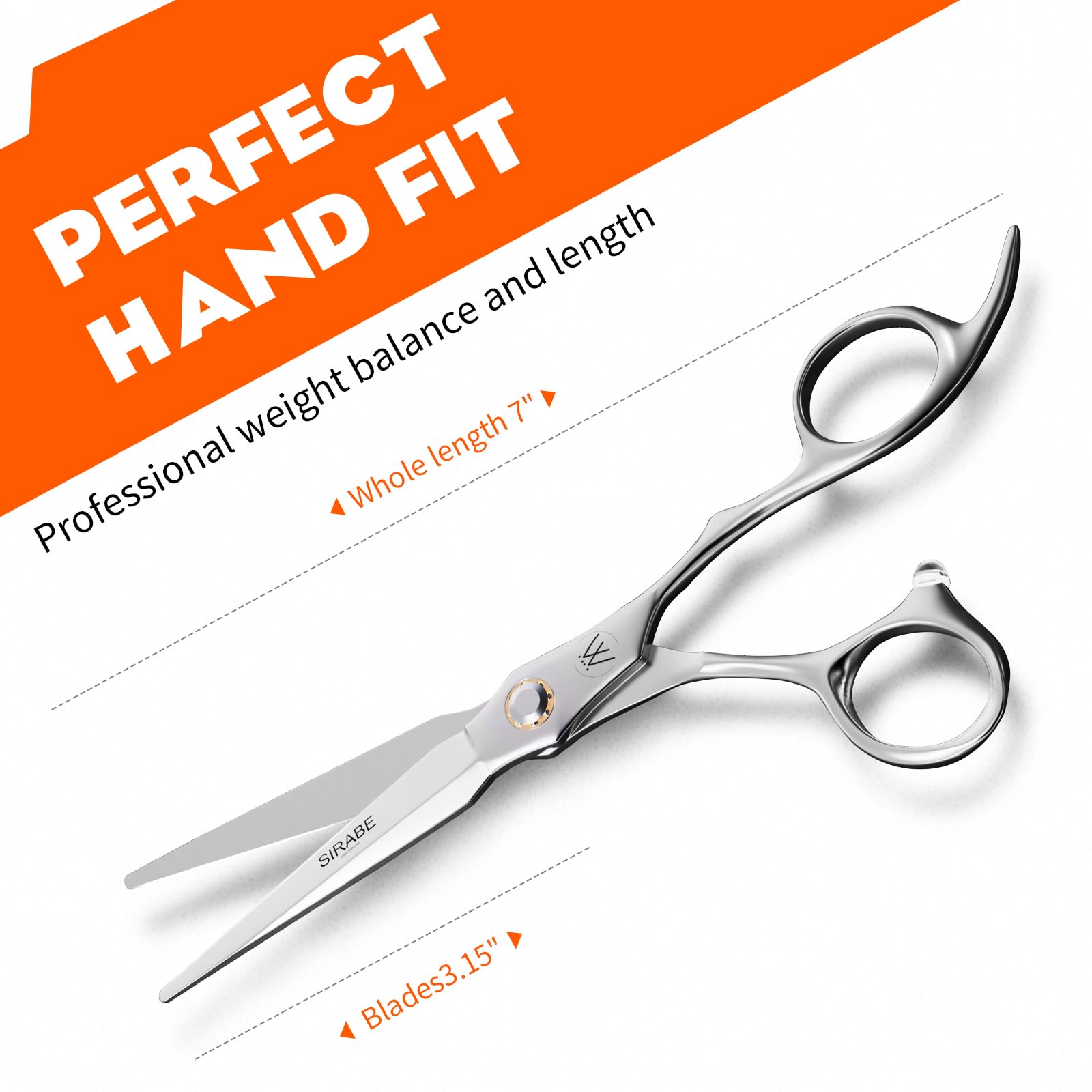 Sirabe high end barber shears highlighting the ergonomic curved handle and tension adjustment screw.