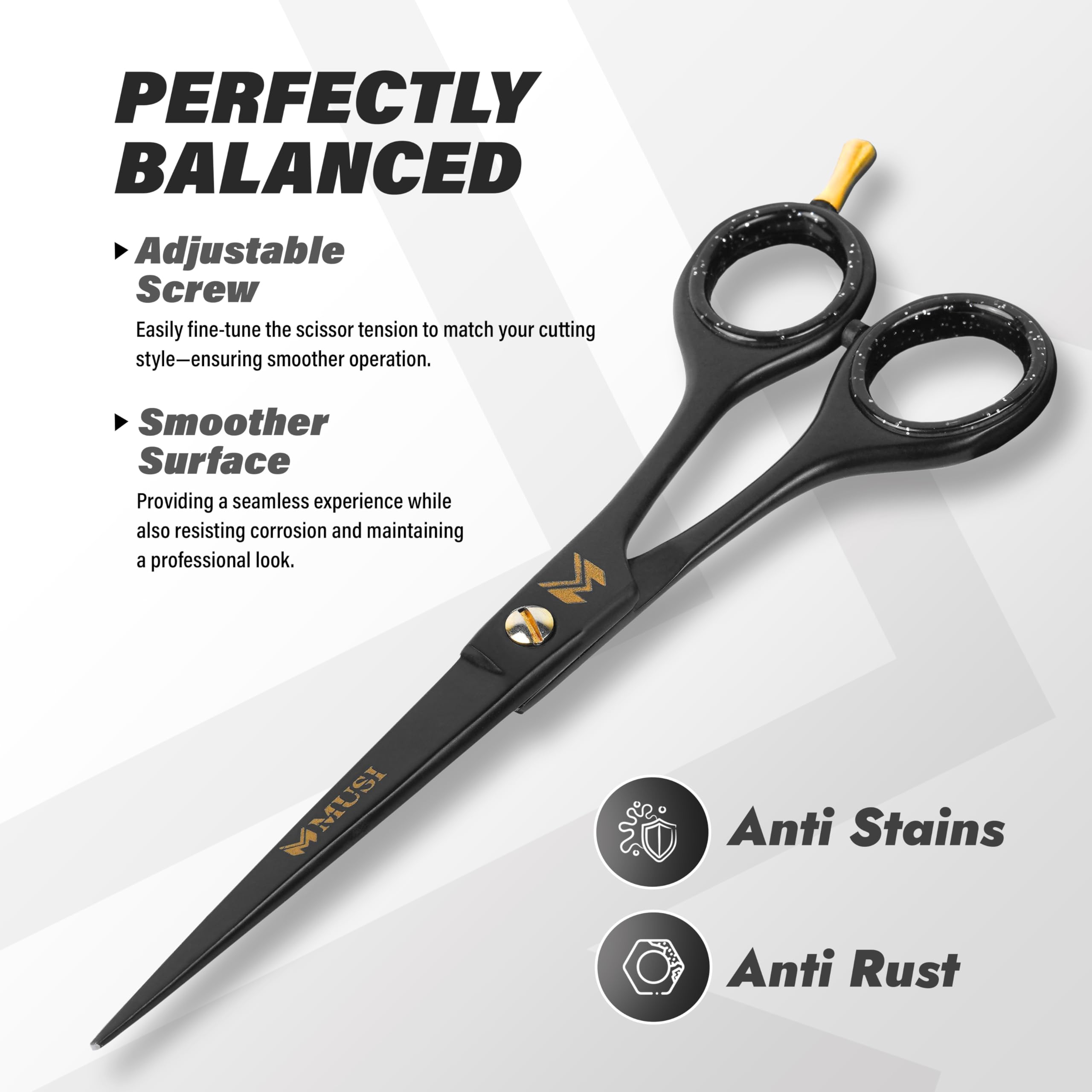 MUSI 6.5 inch hair shears close up on the sharp 420 Japanese stainless steel convex blades.