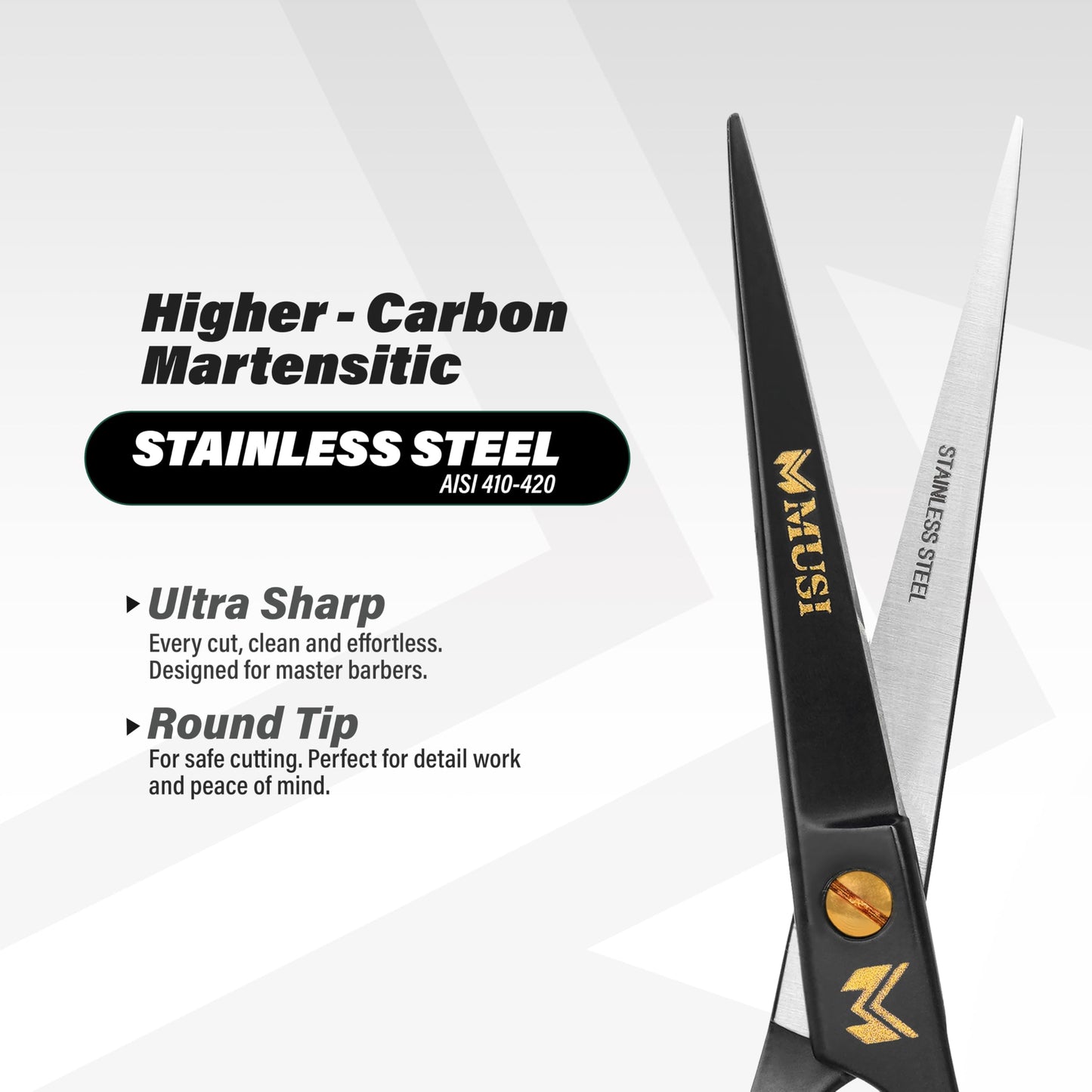 MUSI black barber scissors being adjusted using the central gold tension screw mechanism.